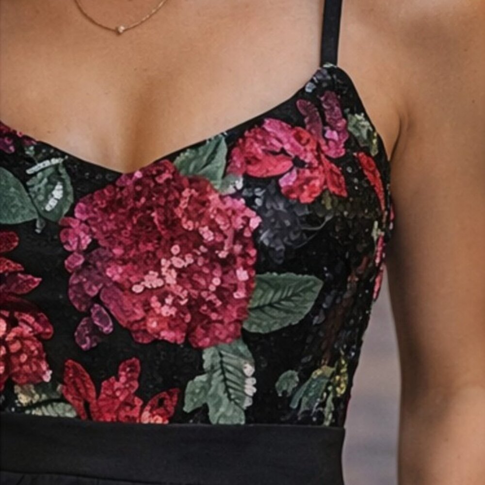 🌺 Mustard Seed Sequin Floral Cut-Out Back Tapered Pants Jumpsuit Evening Party - Picture 7 of 9